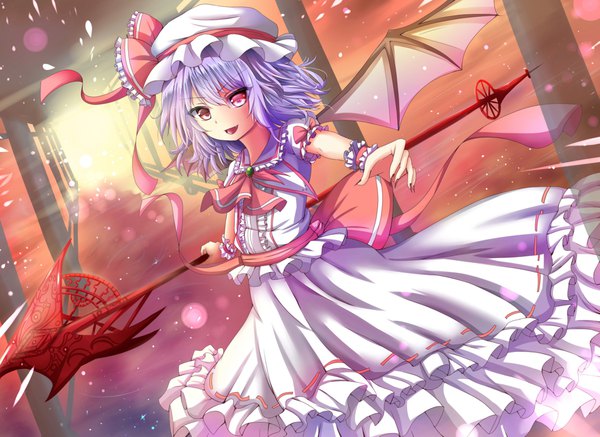 Anime picture 2059x1500 with touhou remilia scarlet renka (cloudsaikou) single looking at viewer fringe highres short hair open mouth smile hair between eyes holding purple hair :d pink eyes fang (fangs) outstretched arm girl dress ribbon (ribbons)