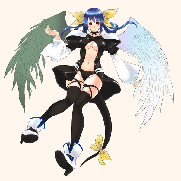 Anime picture 1500x1500 with guilty gear dizzy (guilty gear) mikazukimo single long hair breasts light erotic simple background red eyes white background blue hair tail center opening girl thighhighs navel bow black thighhighs hair bow wings