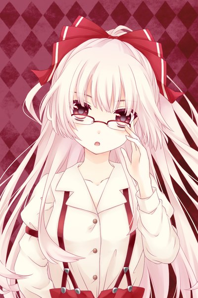 Anime picture 800x1200 with touhou fujiwara no mokou kai aki (artist) single tall image looking at viewer blush fringe open mouth simple background red eyes white hair red background rhombus adjusting glasses bespectacled girl bow hair bow glasses