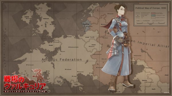 Anime picture 1920x1080 with valkyria chronicles highres short hair black hair wide image official art hair bun (hair buns) wallpaper gloves uniform hat glasses boots military uniform eleanor varrot