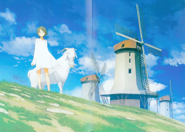 Anime picture 4912x3507 with original tnk (yoshida seiji) - fleurette yoshida seiji single looking at viewer highres short hair brown hair standing bare shoulders brown eyes absurdres sky cloud (clouds) wind scan bare legs sleeves past wrists scan artifacts crease