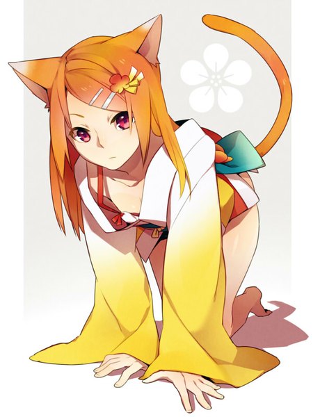 Anime picture 614x800 with original ai (warekaku) single long hair tall image looking at viewer animal ears tail animal tail pink eyes barefoot cat ears orange hair shadow cat girl cat tail on all fours cat pose girl hair ornament