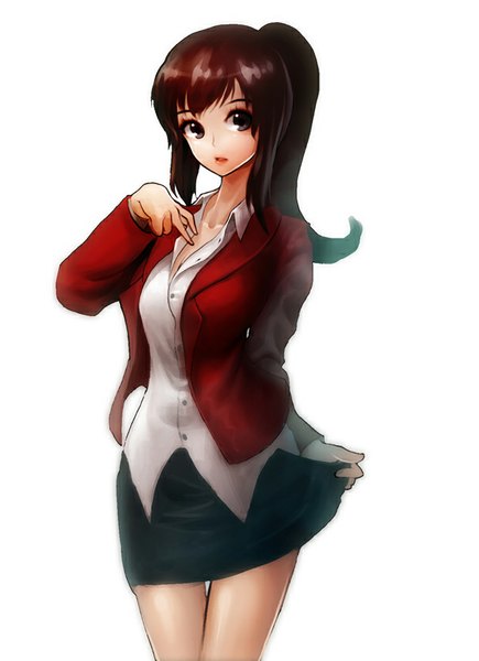 Anime picture 605x834 with original rheez (artist) single long hair tall image looking at viewer open mouth simple background brown hair standing white background brown eyes ponytail open collar girl skirt shirt white shirt