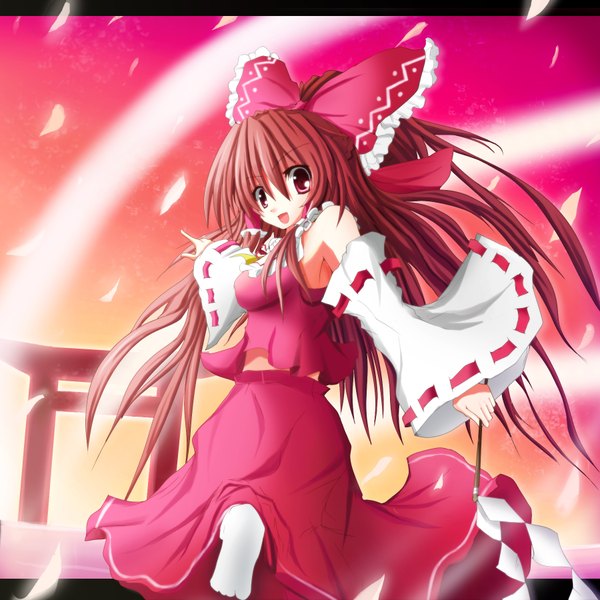 Anime picture 1800x1800 with touhou hakurei reimu single long hair highres open mouth red eyes brown hair miko girl skirt bow hair bow detached sleeves petals skirt set torii