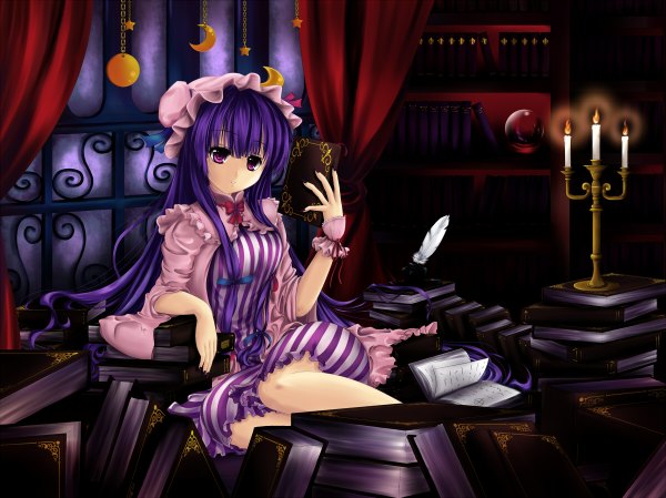 Anime picture 1200x898 with touhou patchouli knowledge cloudy.r zzz36951 single long hair purple eyes purple hair indoors nail polish crescent girl hat book (books) moon feather (feathers) candle (candles) library