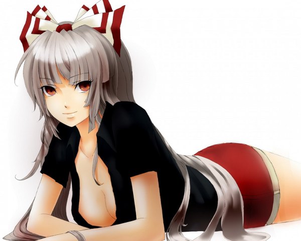 Anime picture 1280x1024 with touhou fujiwara no mokou single long hair light erotic white background brown eyes cleavage white hair lying girl bracelet