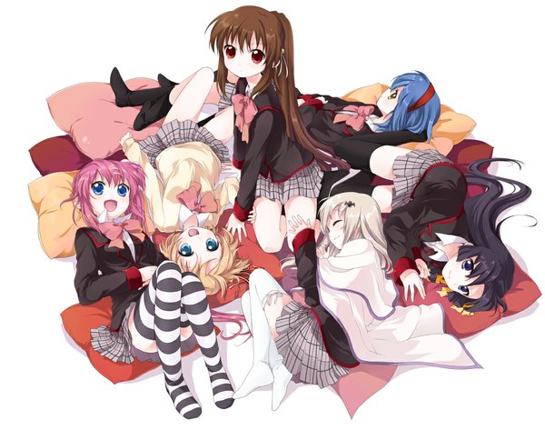 Anime picture 1045x824 with little busters! key (studio) noumi kudryavka natsume rin kamikita komari kurugaya yuiko saigusa haruka nishizono mio namori multiple girls loli group 6+ girls 6 girls girl thighhighs serafuku pillow