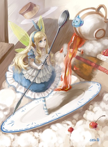 Anime picture 1240x1688 with original cea single long hair tall image blue eyes blonde hair signed minigirl fairy girl dress ribbon (ribbons) hair ribbon pantyhose wings food sweets cup berry (berries)