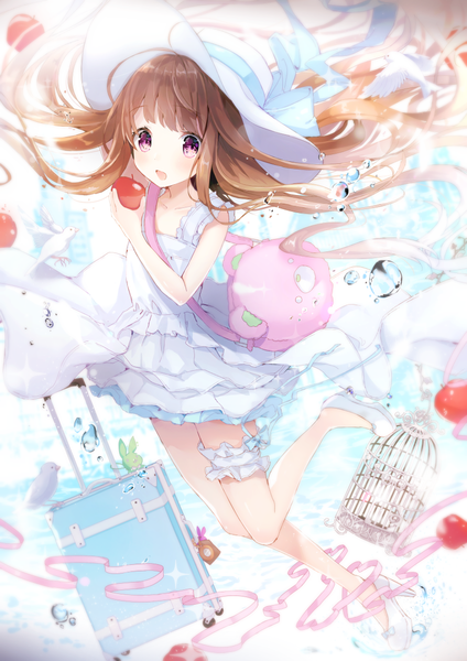 Anime picture 827x1169 with original suzumori uina single long hair tall image fringe open mouth brown hair purple eyes looking away full body blunt bangs bare legs shadow floating hair jumping girl dress bow ribbon (ribbons)