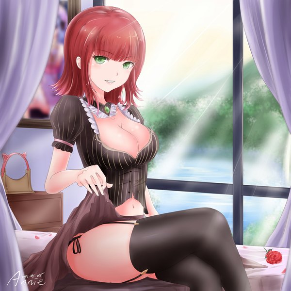 Anime picture 1100x1100 with league of legends annie (league of legends) kinom single looking at viewer blush fringe short hair breasts light erotic sitting green eyes cleavage red hair crossed legs skirt lift girl thighhighs skirt underwear