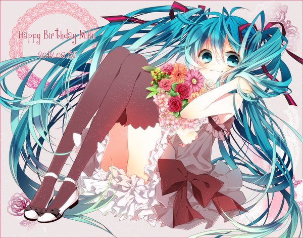 Anime picture 1436x1125 with vocaloid hatsune miku naoto (tulip) single smile twintails very long hair aqua eyes aqua hair girl thighhighs dress flower (flowers) ribbon (ribbons) black thighhighs hair ribbon bouquet