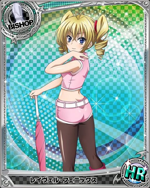 Anime picture 640x800 with highschool dxd ravel phenex single long hair tall image looking at viewer blush blue eyes blonde hair twintails drill hair card (medium) closed umbrella girl pantyhose shorts black pantyhose short shorts umbrella