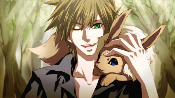 Anime picture 1400x788 with pokemon nintendo eevee green (pokemon) tagme (artist) short hair blonde hair smile wide image green eyes one eye closed wink gen 1 pokemon boy animal shirt tree (trees) forest pokemon (creature) black shirt