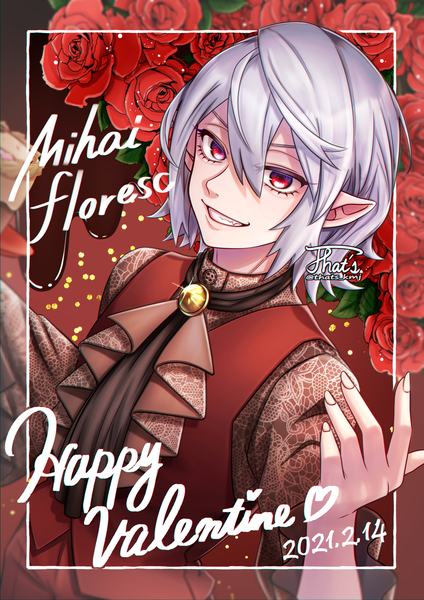 Anime picture 2893x4092 with kemono jihen mihai florescu phina single tall image highres short hair smile red eyes signed silver hair upper body pointy ears character names grin dated framed valentine boy flower (flowers)