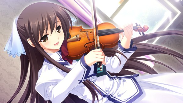 Anime picture 2048x1152 with midori no umi michiru (midori no umi) yukie (peach candy) long hair highres black hair wide image yellow eyes game cg girl dress violin bow (instrument)