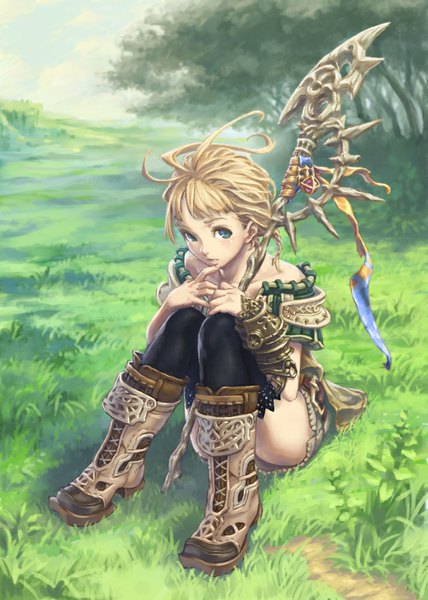 Anime picture 714x1000 with original hisakata souji tall image looking at viewer short hair blonde hair sitting green eyes braid (braids) fantasy wizard girl thighhighs skirt black thighhighs plant (plants) miniskirt tree (trees) boots grass