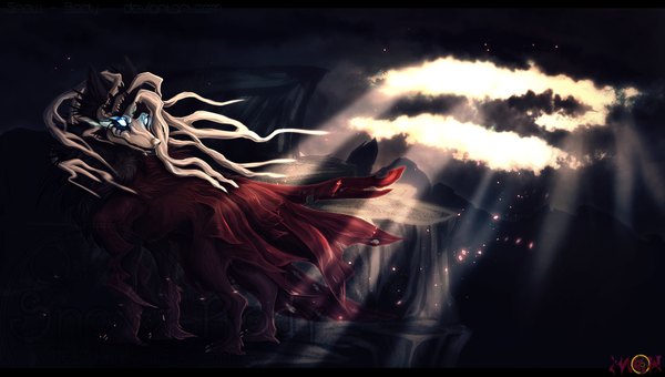 Anime picture 1974x1120 with ergo proxy vincent law snow-body (artist) highres wide image looking away sunlight glowing glowing eye (eyes) animal wolf