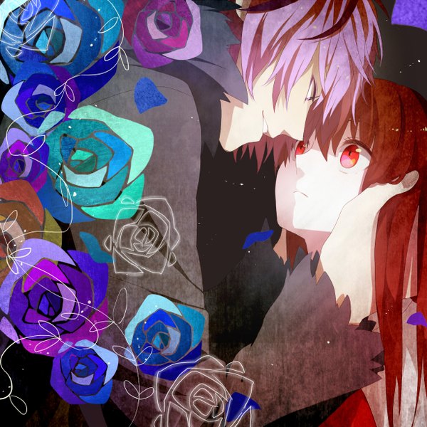 Anime picture 1228x1228 with ib (game) garry (ib) ib (ib) long hair short hair smile red eyes brown hair purple hair couple face to face girl boy flower (flowers) rose (roses) coat