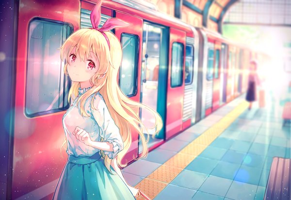 Anime picture 1200x825 with aikatsu! hoshimiya ichigo hiten (hitenkei) long hair looking at viewer blush fringe blonde hair hair between eyes red eyes multiple girls holding payot head tilt light smile sunlight lens flare solo focus sunbeam floor