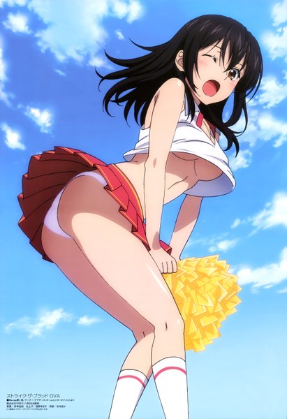 Anime picture 4069x5931 with strike the blood megami magazine himeragi yukina imoto yuki single long hair tall image blush highres open mouth light erotic black hair brown eyes absurdres sky cloud (clouds) one eye closed wink official art girl