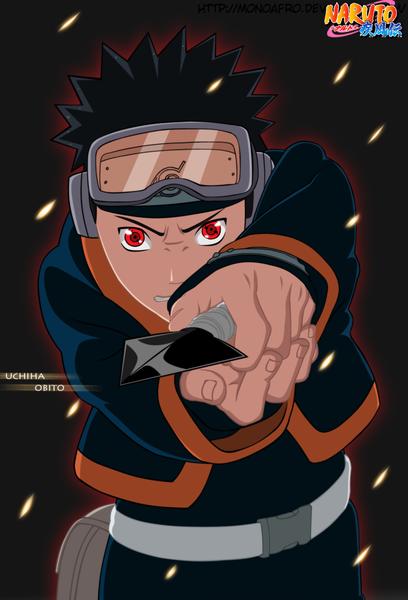 Anime picture 1498x2200 with naruto studio pierrot naruto (series) uchiha obito gold-mk single tall image short hair black hair simple background red eyes inscription coloring angry sharingan boy weapon belt goggles bandana