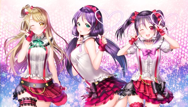 Anime picture 1400x800 with love live! school idol project sunrise (studio) love live! yazawa nico toujou nozomi minami kotori aile (crossroads) long hair blush short hair open mouth blue eyes light erotic blonde hair smile red eyes wide image twintails multiple girls yellow eyes