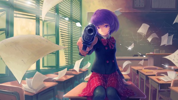 Anime picture 2092x1177 with tyc001x single looking at viewer fringe highres short hair smile wide image purple eyes purple hair wind sunlight classroom girl skirt uniform bow weapon school uniform pantyhose