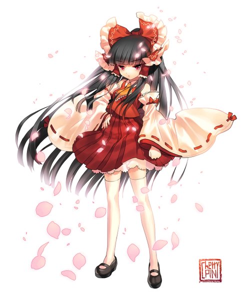 Anime picture 1063x1312 with touhou hakurei reimu cherrypin long hair tall image black hair red eyes white background zettai ryouiki hand on hip miko girl thighhighs skirt bow hair bow detached sleeves petals white thighhighs skirt set