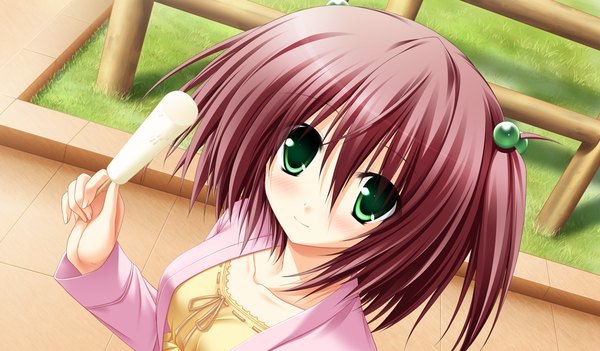 Anime picture 1024x600 with sora to kumo to kimi no koi blush short hair wide image green eyes game cg red hair girl food sweets ice cream