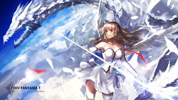 Anime picture 1890x1063 with original pixiv fantasia pixiv fantasia t swd3e2 single long hair highres blonde hair wide image brown eyes sky cloud (clouds) fantasy girl thighhighs dress gloves white thighhighs elbow gloves white gloves