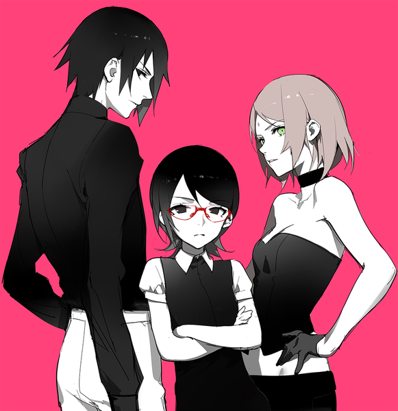 Anime picture 969x1000 with naruto studio pierrot naruto (series) uchiha sasuke haruno sakura uchiha sarada ask (askzy) tall image looking at viewer fringe short hair black hair simple background hair between eyes bare shoulders multiple girls green eyes payot pink hair upper body