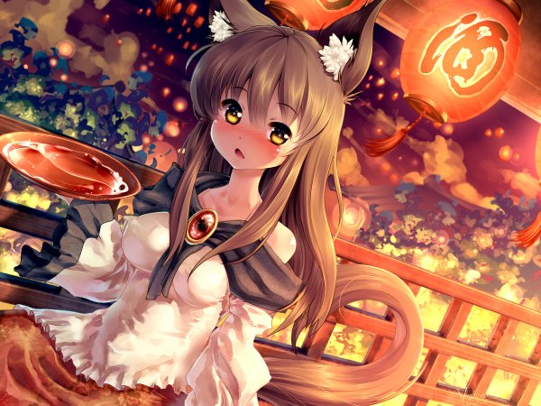 Anime picture 1200x900 with touhou imaizumi kagerou volcano (liao) single long hair looking at viewer blush fringe breasts open mouth light erotic brown hair sitting bare shoulders holding animal ears yellow eyes tail animal tail wide sleeves