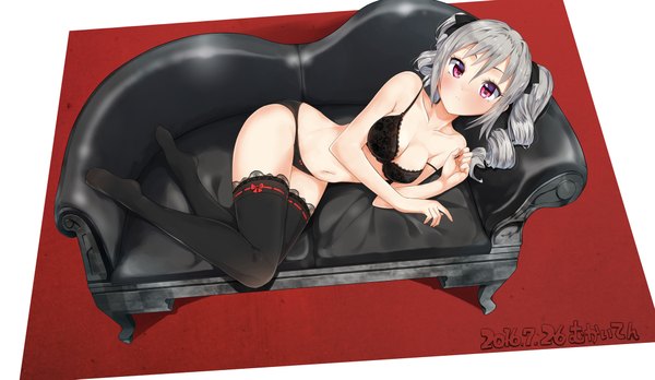 Anime picture 2000x1161 with idolmaster idolmaster cinderella girls kanzaki ranko masamuuu single long hair looking at viewer blush fringe highres breasts light erotic hair between eyes red eyes wide image large breasts twintails signed payot cleavage