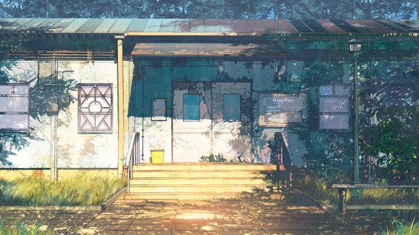Anime picture 1920x1080 with everlasting summer iichan eroge arsenixc vvcephei highres wide image game cg sunlight wallpaper no people scenic collaboration camp plant (plants) tree (trees) window building (buildings) stairs bench door