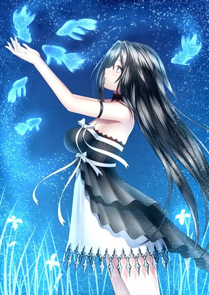 Anime picture 707x1000 with original kai (link2262) long hair tall image blue eyes black hair bare shoulders looking away profile night girl dress fish (fishes)