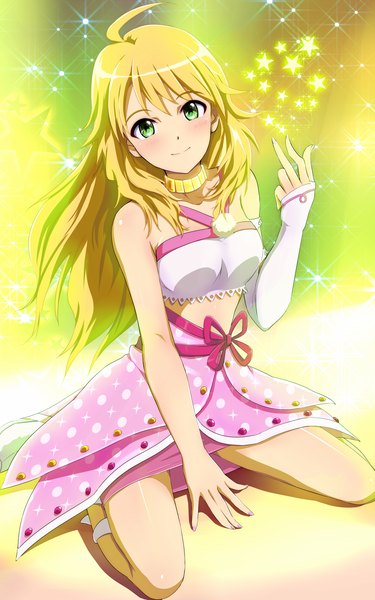 Anime picture 1100x1760 with idolmaster hoshii miki hina (araburu-hinadori) single long hair tall image looking at viewer blush blonde hair smile green eyes floral (idolmaster) girl dress
