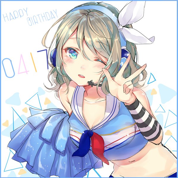 Anime picture 1050x1053 with love live! sunshine!! sunrise (studio) love live! watanabe you takitou single tall image short hair open mouth hair between eyes brown hair white background cleavage upper body one eye closed aqua eyes from above wink midriff leaning