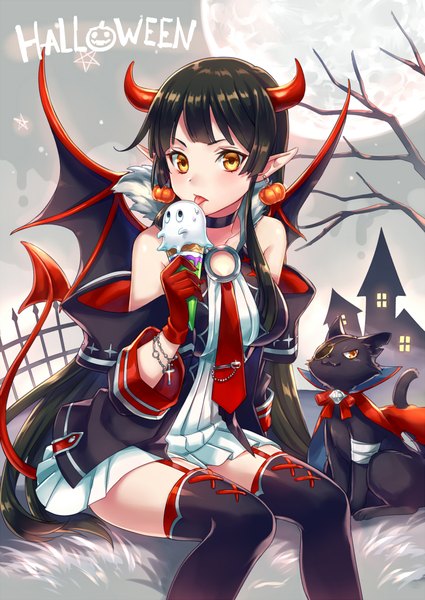 Anime picture 1500x2118 with original zoff (daria) single long hair tall image looking at viewer fringe black hair sitting bare shoulders holding yellow eyes bent knee (knees) tail blunt bangs pleated skirt horn (horns) pointy ears zettai ryouiki fur trim