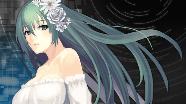 Anime picture 1600x900 with border break (game) damegane single long hair looking at viewer wide image bare shoulders green eyes hair flower green hair girl hair ornament flower (flowers)