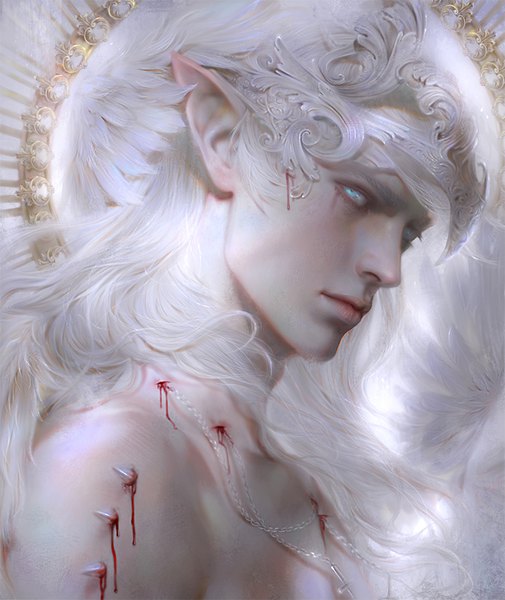 Anime picture 800x950 with original isaac (zeilyan) zeilyan single long hair tall image looking at viewer bare shoulders white hair profile aqua eyes pointy ears realistic portrait angel wings boy hair ornament wings blood chain