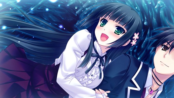 Anime picture 2048x1152 with guardian place skyfish (studio) suminoin ouka saeki hokuto long hair highres short hair black hair wide image brown eyes green eyes game cg couple girl dress boy