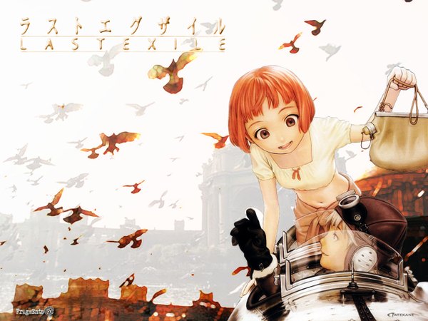 Anime picture 1280x960 with last exile gonzo lavie head claus valca short hair open mouth blonde hair smile brown eyes signed inscription midriff leaning leaning forward copyright name text outstretched arm city english flock