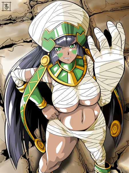 Anime picture 900x1200 with monster musume no iru nichijou s-now single tall image fringe breasts light erotic black hair smile large breasts standing green eyes very long hair from above dark skin girl navel bandage (bandages)