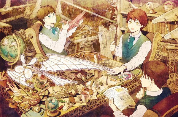 Anime picture 1400x924 with original ame (conronca) short hair blue eyes brown hair yellow eyes aqua eyes multiple boys group detailed boy flower (flowers) glasses food book (books) table fan cup candy aircraft