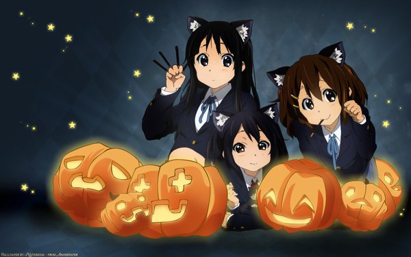 Anime picture 1680x1050 with k-on! kyoto animation akiyama mio hirasawa yui nakano azusa yamada naoko clover (nathressa) long hair looking at viewer fringe short hair black hair smile hair between eyes brown hair wide image multiple girls brown eyes signed animal ears