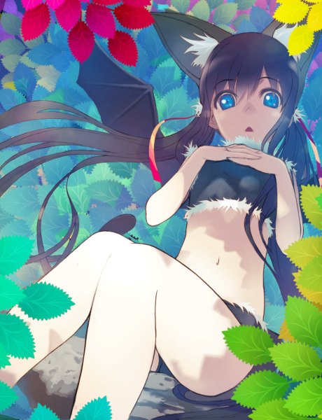 Anime picture 920x1200 with original hirokiku single long hair tall image looking at viewer open mouth blue eyes black hair sitting twintails animal ears low twintails bat wings girl navel plant (plants) wings tree (trees) leaf (leaves)