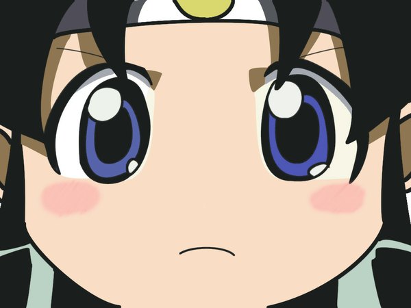 Anime picture 1024x768 with ninin ga shinobuden shinobu (ninin ga shinobuden) single looking at viewer blush blue eyes black hair close-up face frown girl hairband