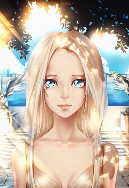 Anime picture 689x1000 with original kristallin-f (artist) single long hair tall image looking at viewer blue eyes blonde hair bare shoulders signed sky cloud (clouds) sunlight shadow girl plant (plants) tree (trees) sea leaf (leaves) stairs
