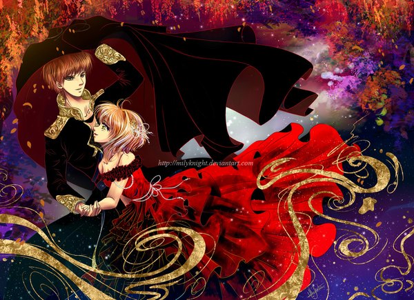 Anime picture 1000x726 with tsubasa reservoir chronicle clamp sakura hime syaoran short hair brown hair brown eyes green eyes couple looking down looking up girl dress boy hair ornament petals suit