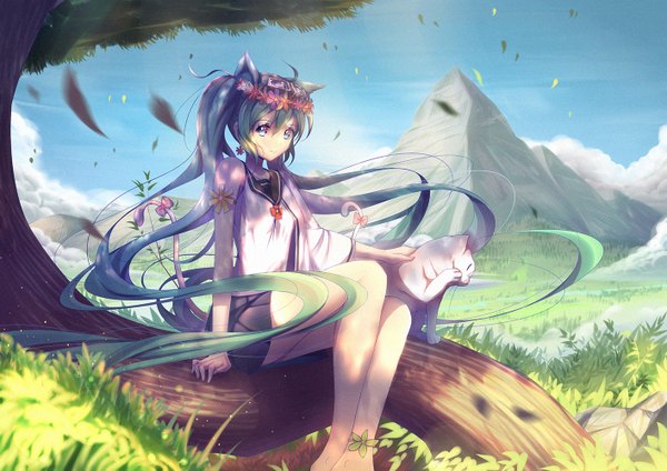 Anime picture 1414x1000 with vocaloid hatsune miku kr (sapphire) single blue eyes sitting twintails animal ears tail very long hair animal tail cat ears aqua hair cat girl cat tail mountain girl skirt plant (plants) animal
